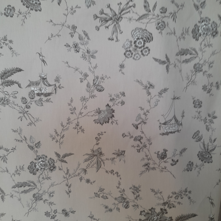 Magnificent grey percale Toile de Jouy used in upholstery for lampshades, curtains and cushions. Toile de Jouy is available in 3 colours in stock, delivery within 2 days.
