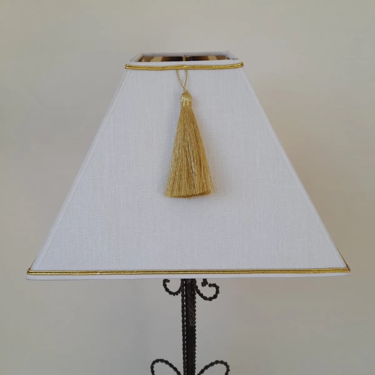 Square pyramid lampshade in white linen with gold interior and gold lurex braid and tassel