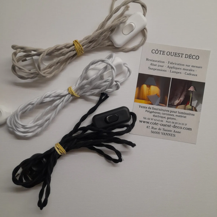 White, black and linen twisted cotton electrical cords for table lamp, length 180 cm, in stock, 2-day delivery.