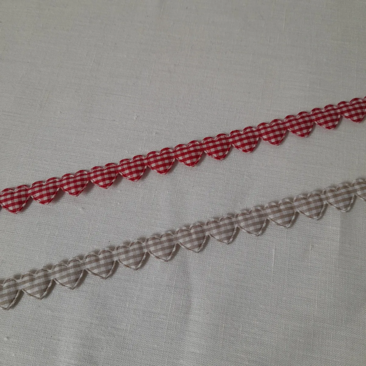 Red or natural and white gingham heart ribbon for sewing, arts and crafts, DIY