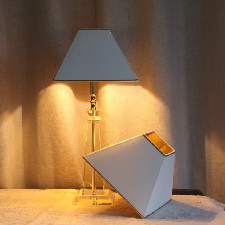Beautiful white linen lampshade with square pyramid shape, golden interior and matching soutache.