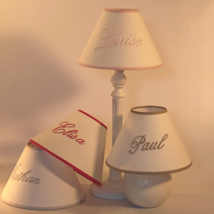 Linen lampshade embroidered with a name of your choice made in France at L'ATELIER COTE OUEST DÉCO